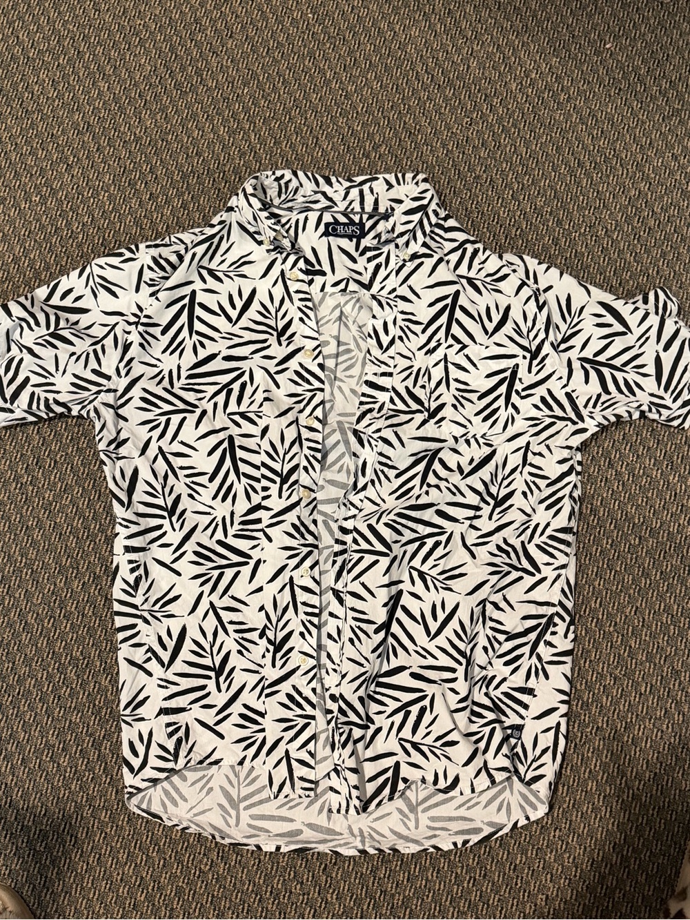 Chaps White Short-Sleeve Button-Down Shirt with Black Leaf Print